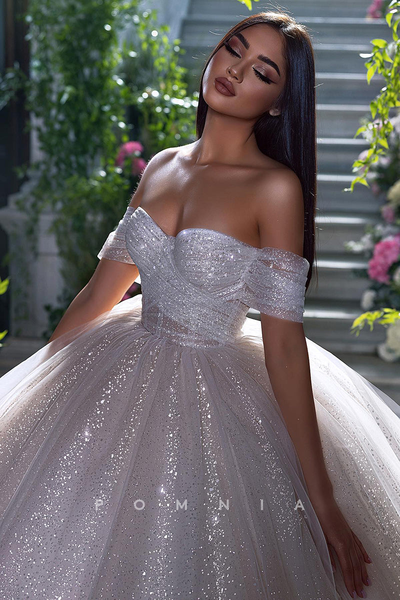 P3015 - Ball Gowns Strapless Sweetheart Glitter Tulle Beach Wedding Dress with Train