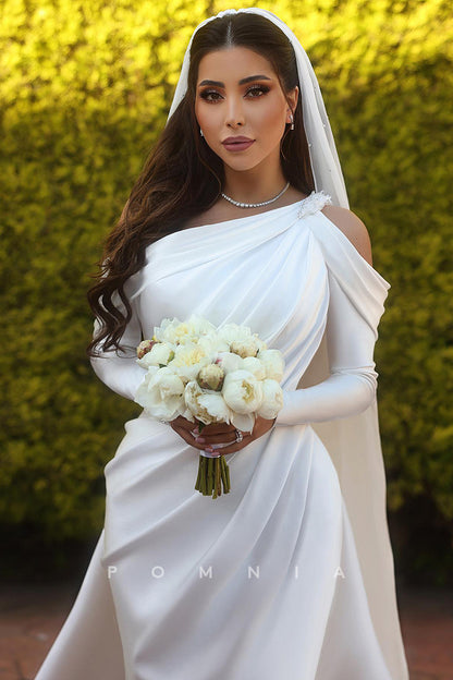 P3023 - Stunning One Shoulder Beads Long Sleeves Satin Boho Wedding Dress
