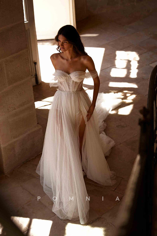 P3025 - Off-Shoulder Sweetheart Tulle Bohemian Wedding Dress with Slit