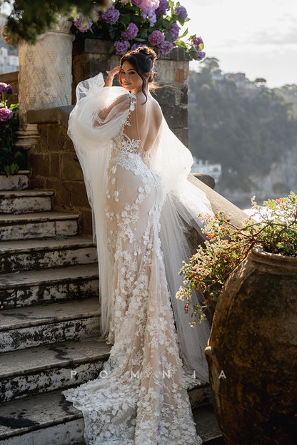P3026 - Deep V-Neck Lace Appliques Long Sleeves Mermaid Boho Wedding Dress