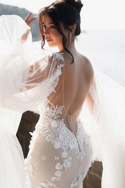 P3026 - Deep V-Neck Lace Appliques Long Sleeves Mermaid Boho Wedding Dress