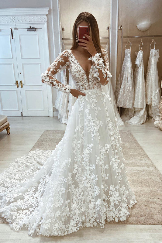 P3037 - A-Line Deep V-Neck Lace Appliques Long Sleeves Beach Weddidng Dress