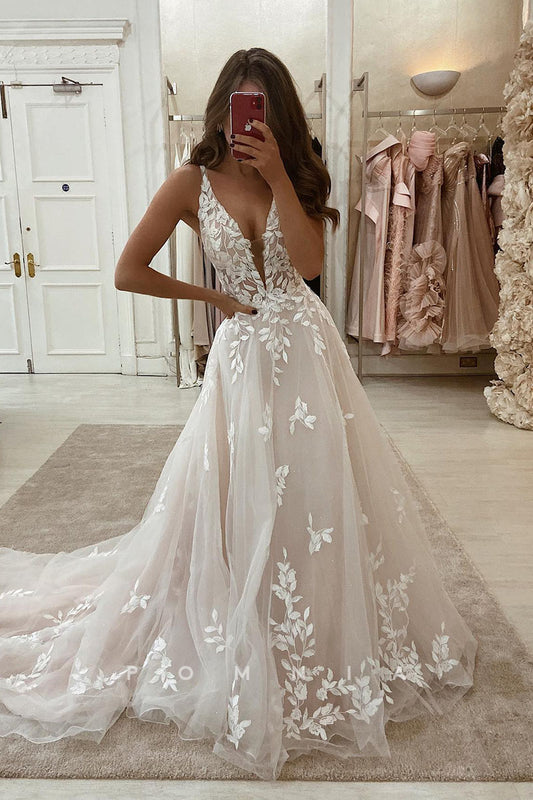 P3038 - A-Line Lace Appliques Sleeveless V-Neck Tulle Beach Weddding Dress