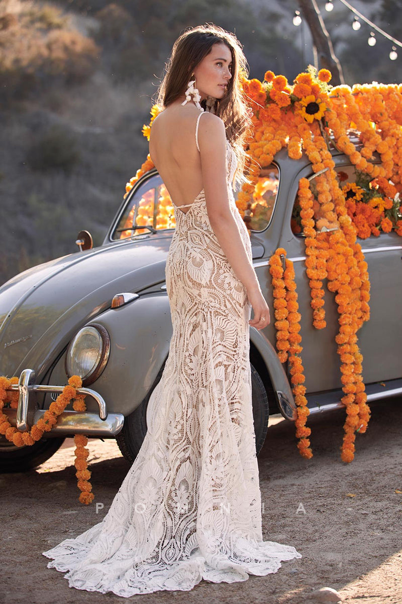 P3044 - Spaghetti Straps V-Neck Lace Sleeveless Bohemian Wedding Dress