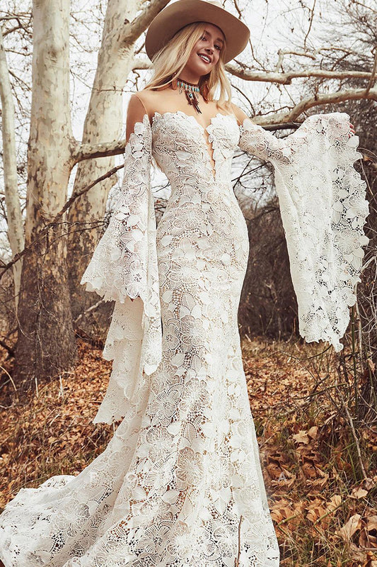P3045 - Exquisite Illusion Neck Mermaid Lace Appliques Boho Wedding Dress with Sleeves