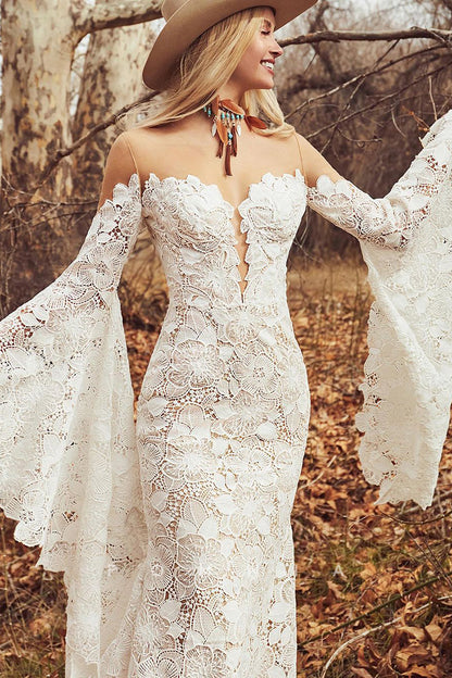 P3045 - Exquisite Illusion Neck Mermaid Lace Appliques Boho Wedding Dress with Sleeves