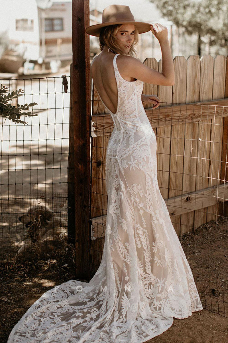 P3046 - Double Straps V-Neck Lace Appliques Sleeveless Bohemian Wedding Dress