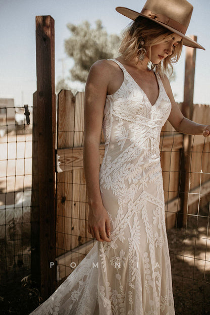 P3046 - Double Straps V-Neck Lace Appliques Sleeveless Bohemian Wedding Dress