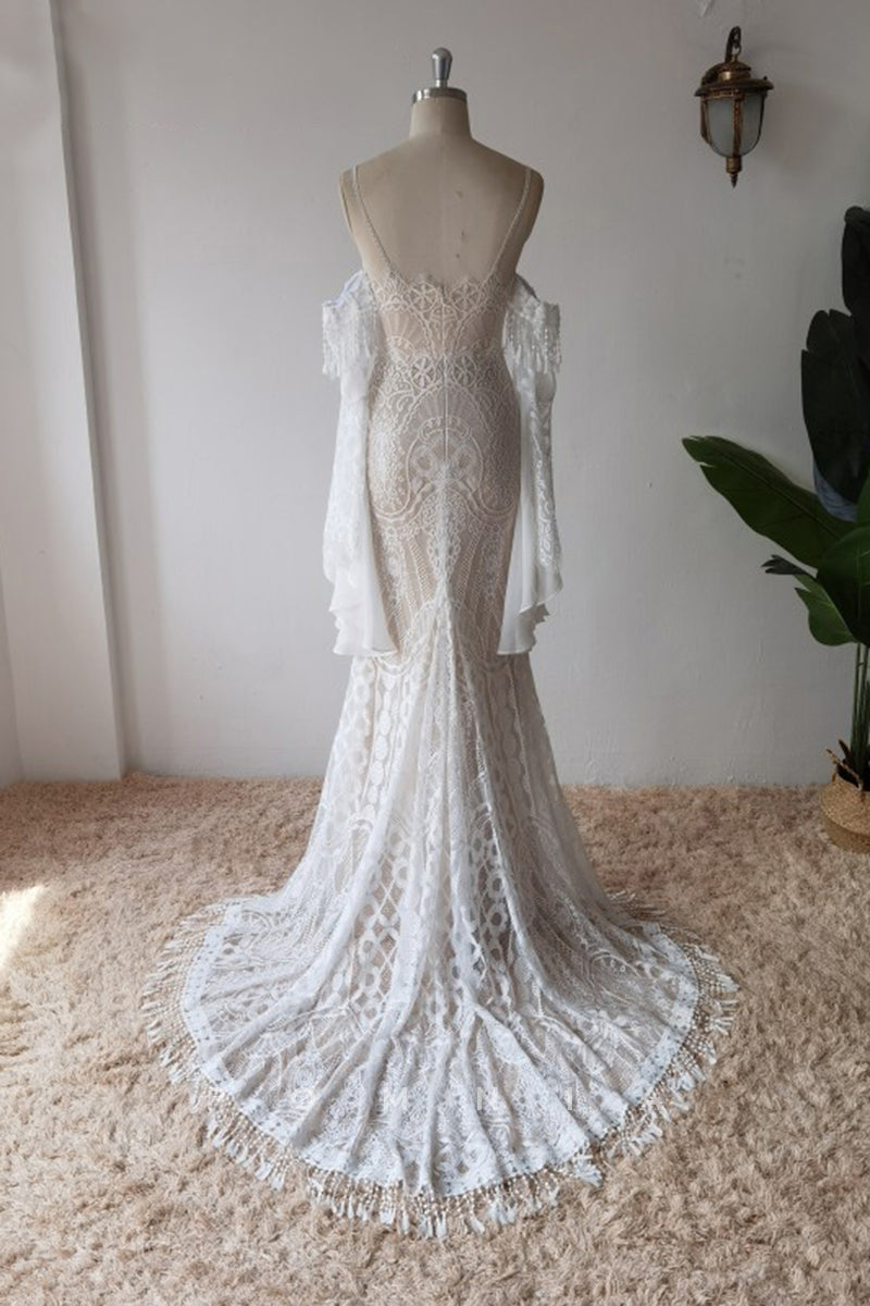 P3050 - Spaghetti Straps Meramid Lace Detachable Train Beach Wedding Dress