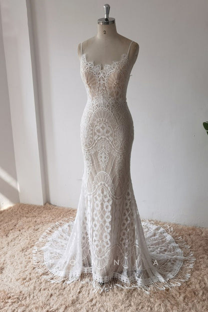 P3050 - Spaghetti Straps Meramid Lace Detachable Train Beach Wedding Dress