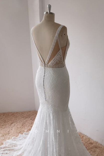 P3051 - Deep V-Neck Mermaid Sleeveless Lace Beach Wedding Dress