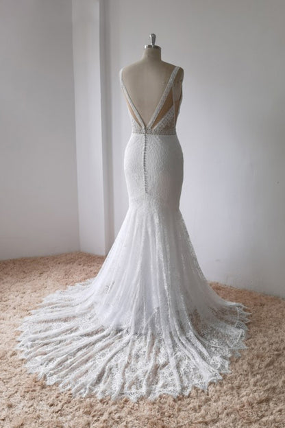 P3051 - Deep V-Neck Mermaid Sleeveless Lace Beach Wedding Dress