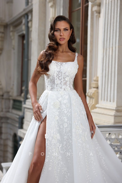 P3053 - A-Line Straps Scoop Lace Appliques High Split Bohemian Wedding Gown