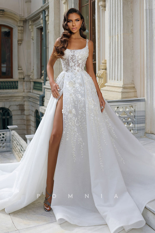 P3053 - A-Line Straps Scoop Lace Appliques High Split Bohemian Wedding Gown