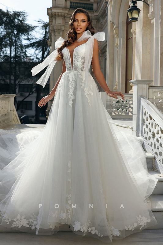 P3054 - Plunging V-Neck Appliques Sleeveless A-Line Tulle Boho Wedding Dress