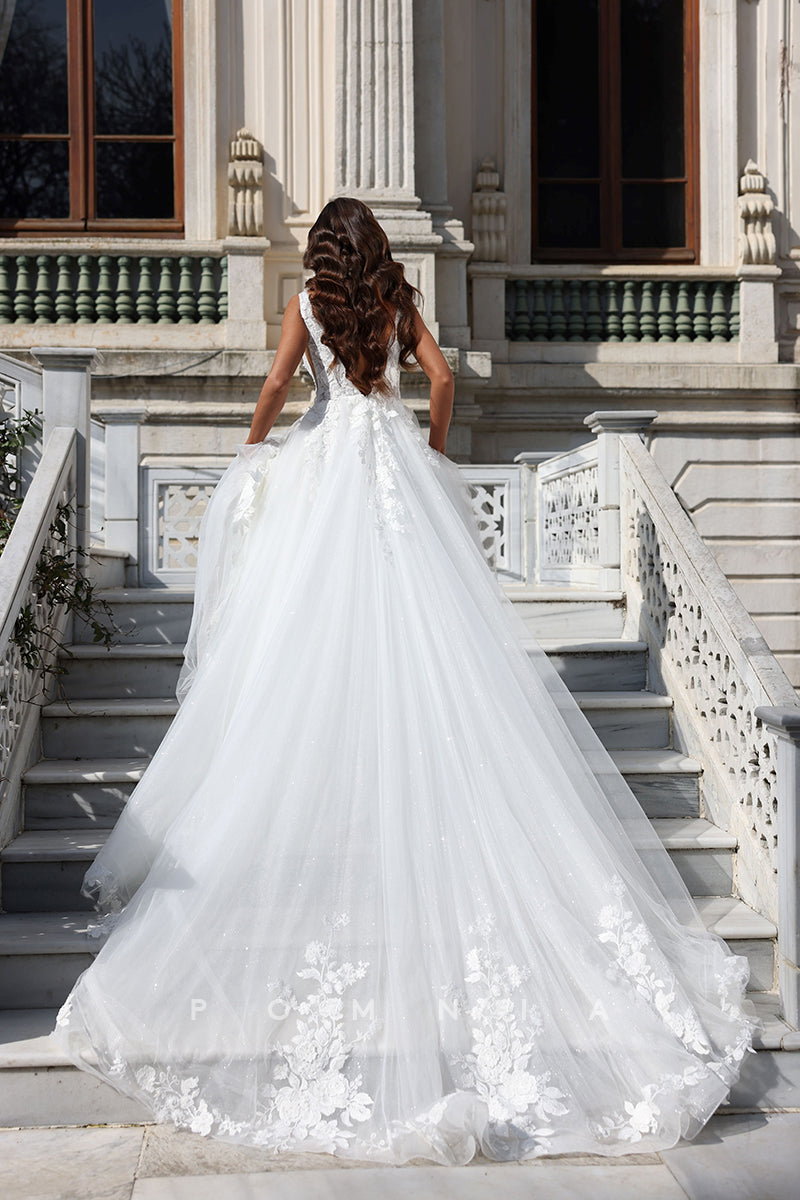 P3054 - Plunging V-Neck Appliques Sleeveless A-Line Tulle Boho Wedding Dress