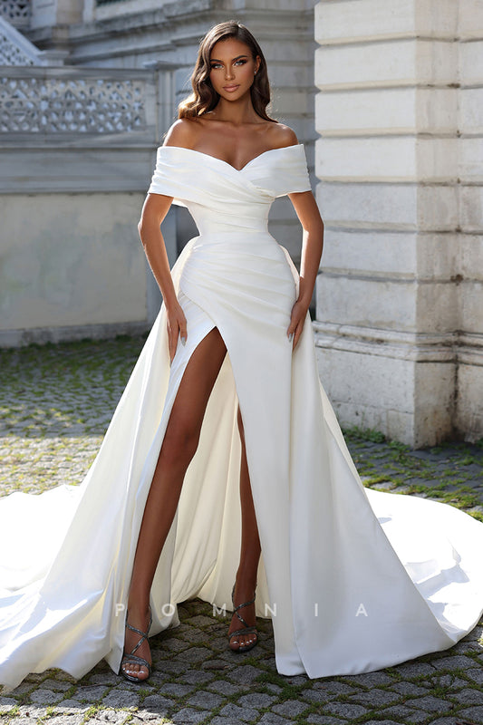 P3056 - Elegant Strapless Cap Sleeves High Split Pleated A-Line Beach Wedding Dress