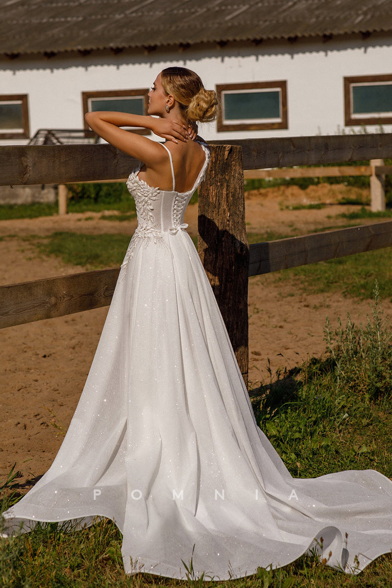 P3059 - A-Line Straps High Split Appliques Bohemian Wedding Dress with Sleeves