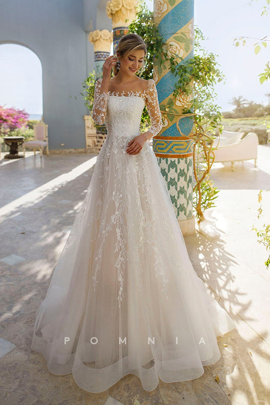P3060 - A-Line Illusion Neck Lace Appliques Long Bohemian Wedding Dress with Long Sleeves