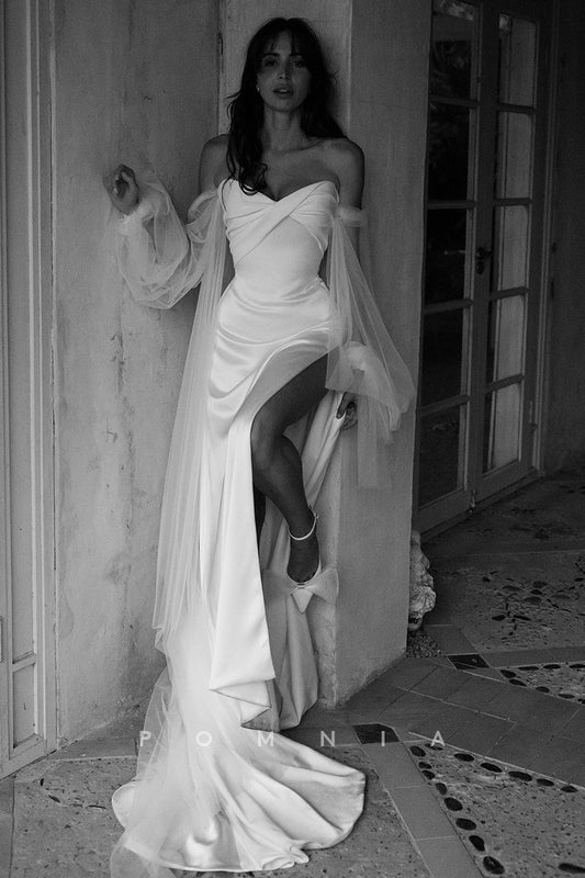 P3062 - Classy Strapless Long Sleeves Simple High Split Bohemian Wedding Dress