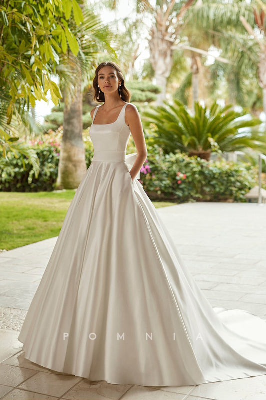 P3064 - Elegant Straps Empire-Waist Pleated Satin Train Ball Gown Beach Wedding Dress with Pockets