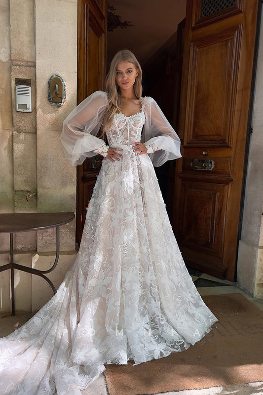 P3069 - A-Line Lace Appliques Long Sleeves Long Train Bohemian Wedding Dress