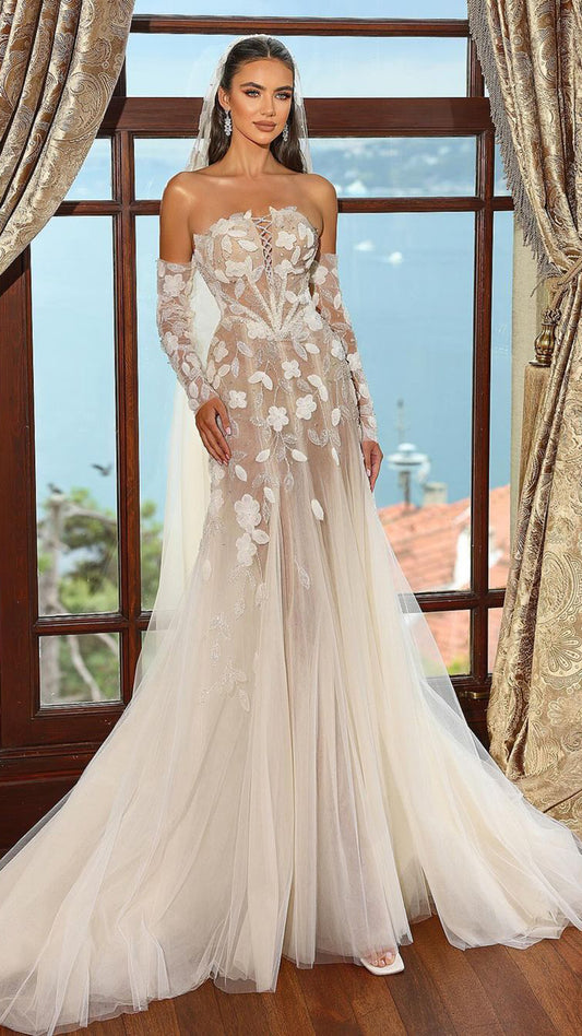 P3071 - Exquisite Strapless Mermaid Lace Appliques Tulle Bohemian Wedding Dress with Sleeves