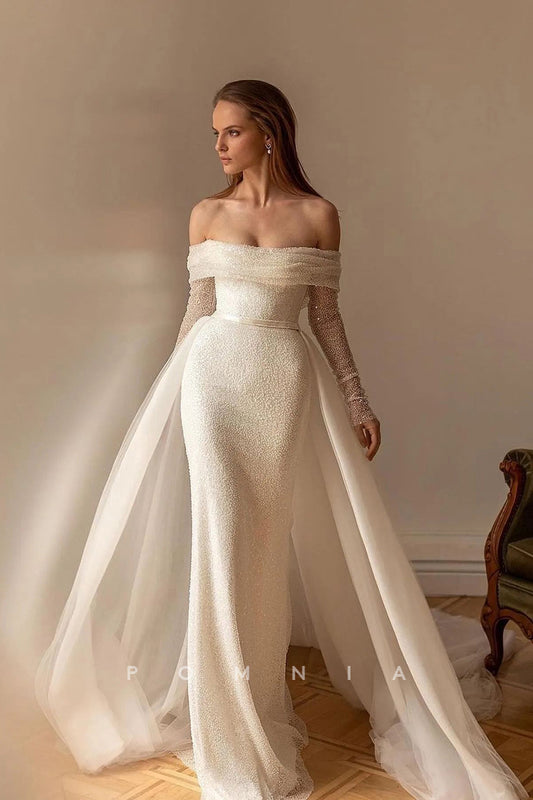 P3073 - Elegant Strapless Long Sleeves Long Empire Detachable Train Beach Wedding Dress