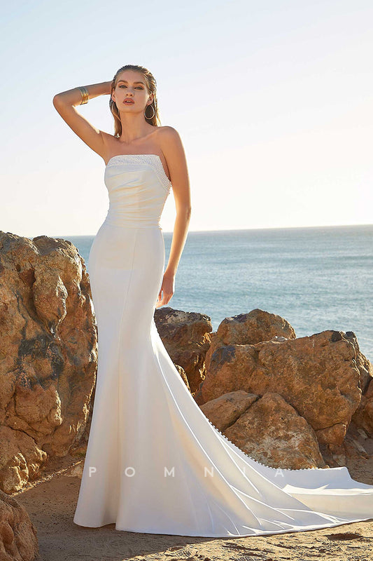 P3074 - Mermaid/Trumpet Strapless Beaded Sleeveless Long Beach Wedding Dress