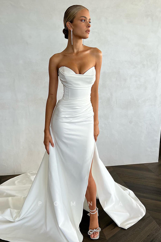 P3075 - Timeless Strapless V-Neck Pleated Side Split Sleeveless Simple Long  Beach Wedding Dress
