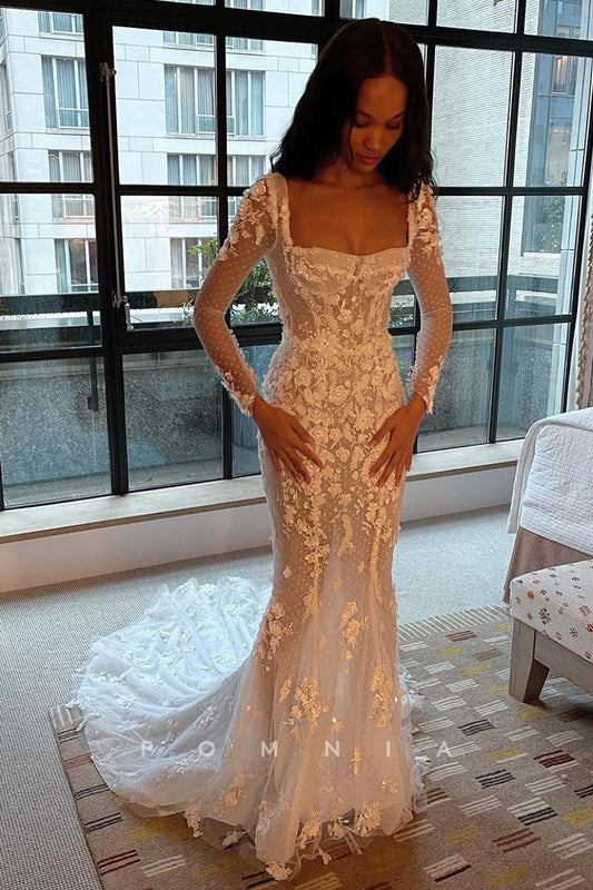 P3076 - Romantic Long Sleeves Mermaid Lace Appliques Long Bohemian Wedding Dress