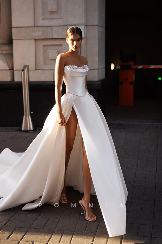 P3082 - A-Line Strapless Beaded High Split Sleeveless Pleated Empire Satin Beach Wedding Gown