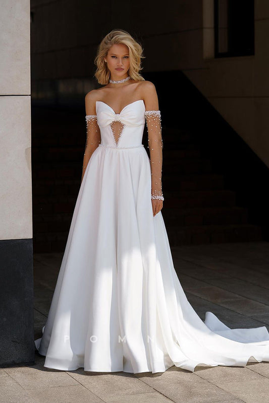 P3084 - Off Shoulder Empire Pearls V-Neck Pleated Long Beach Wedding Dress with Sleeves