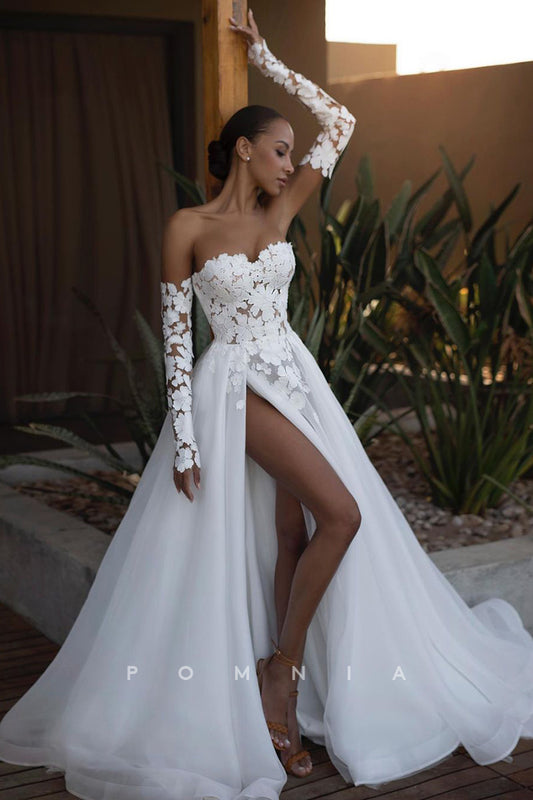P3085 - Strapless Lace Appliques A-Line Empire-Waist High Split Long Bohemian Wedding Dress