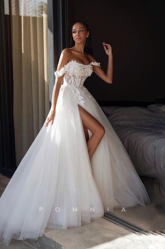 P3087 - A-Line Strapless Empire Lace Appliques High Split Tulle Long Bohemian Wedding Dress