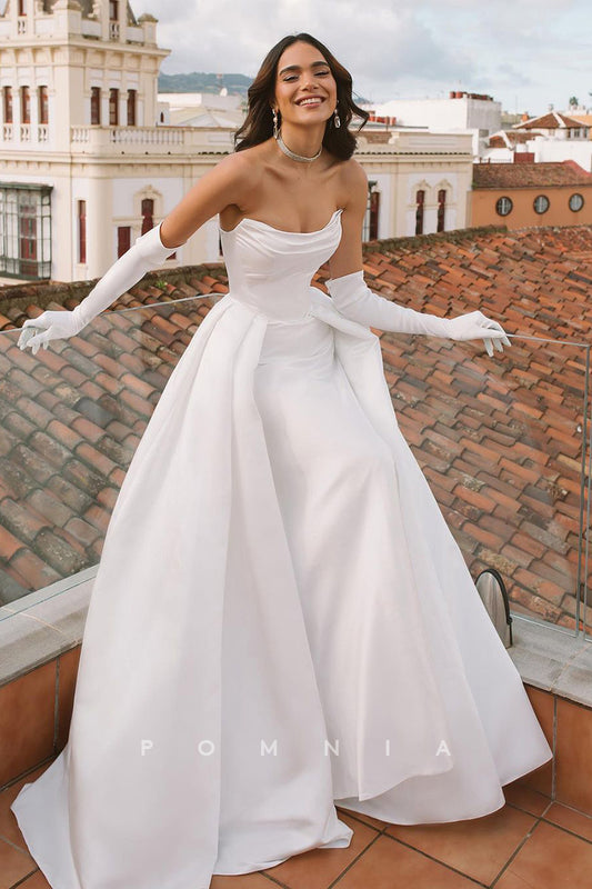 P3088 - A-Line Scoop Pleated Empire-Waist Satin Simple Long Beach Wedding Dress