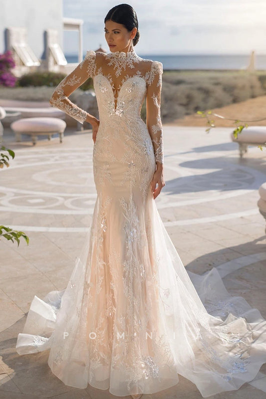 P3091 - Exquisite Long Sleeves Lace Appliques Mermaid Tulle Long Beach Wedding Dress