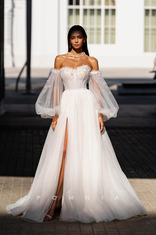 P3096 - A-Line Strapless Long Sleeves High Split Tulle Long Beach Wedding Dress