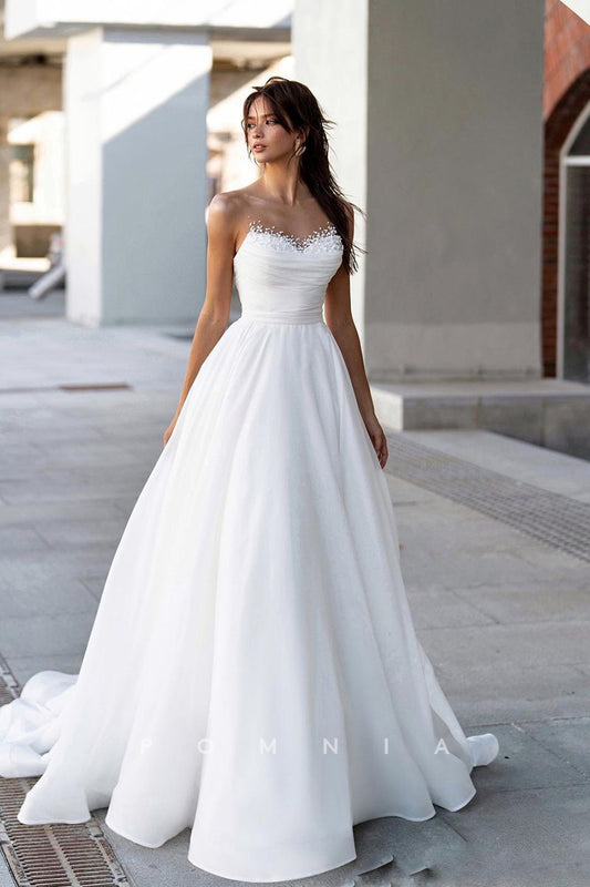 P3098 - A-Line Illusion Neck Beads Pleated Empire Sleeveless Long Beach Wedding Gown