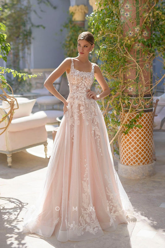 P3142 - A-Line Elegant Square Lace Appliques Empire-Waist Long Bohemian Wedding Dress