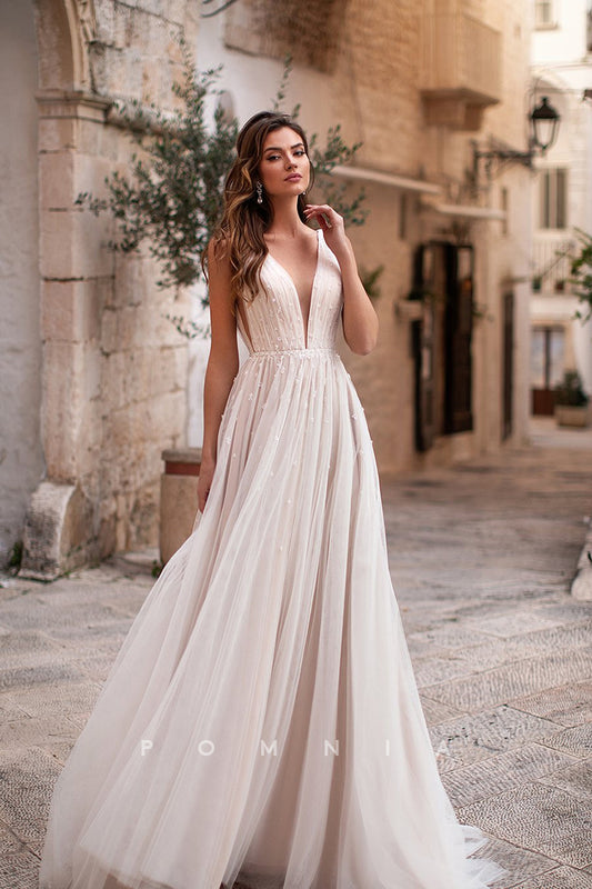 P3143 - A-Line Deep V-Neck Empire-Waist Sleeveless Tulle Long Bohemian Wedding Dress