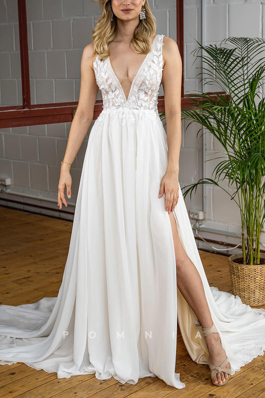P3163 - A-Line Empire-Waist V-Neck Pleated Sleeveless Boho Wedding Dress with Split