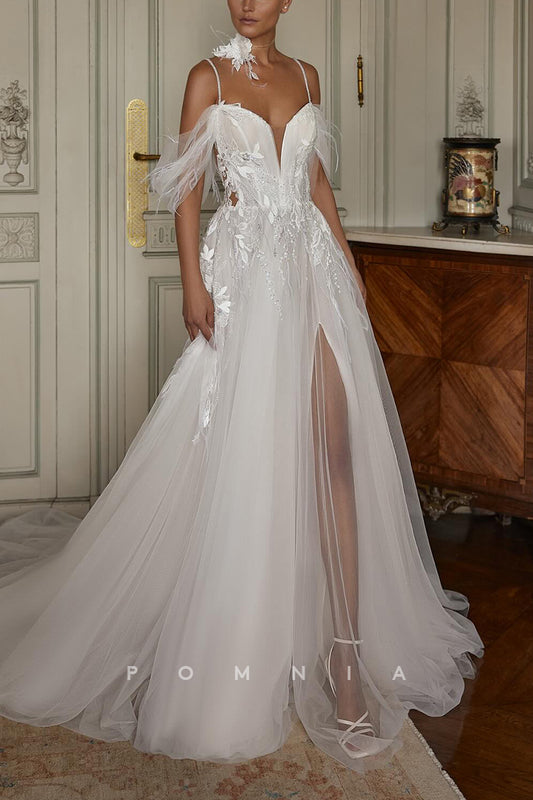 P3165 - A-Line Spaghetti Straps V-Neck Appliques Long Bohemian Wedding Dress with Slit