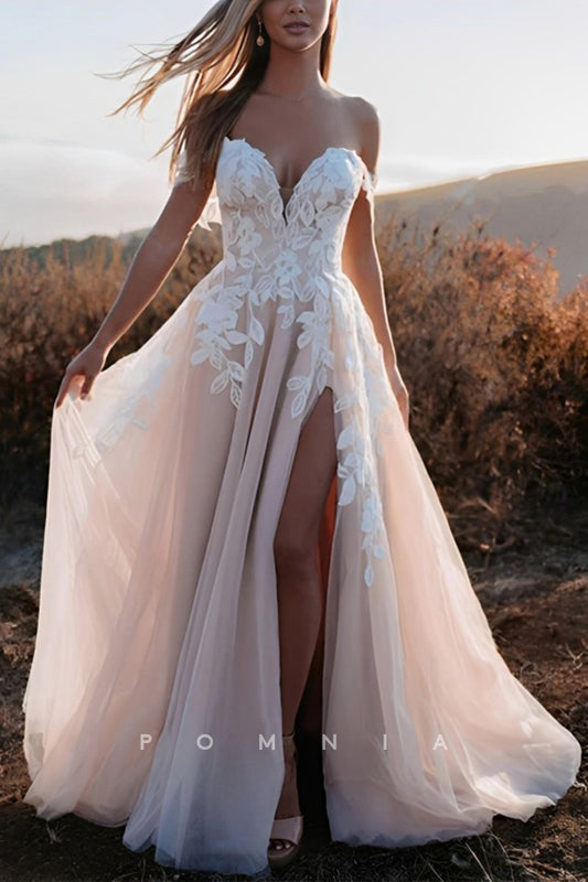 P3166 - Off Shoulder A-Line Lace Appliques Sleeveless Long Beach Wedding Dress with Slit
