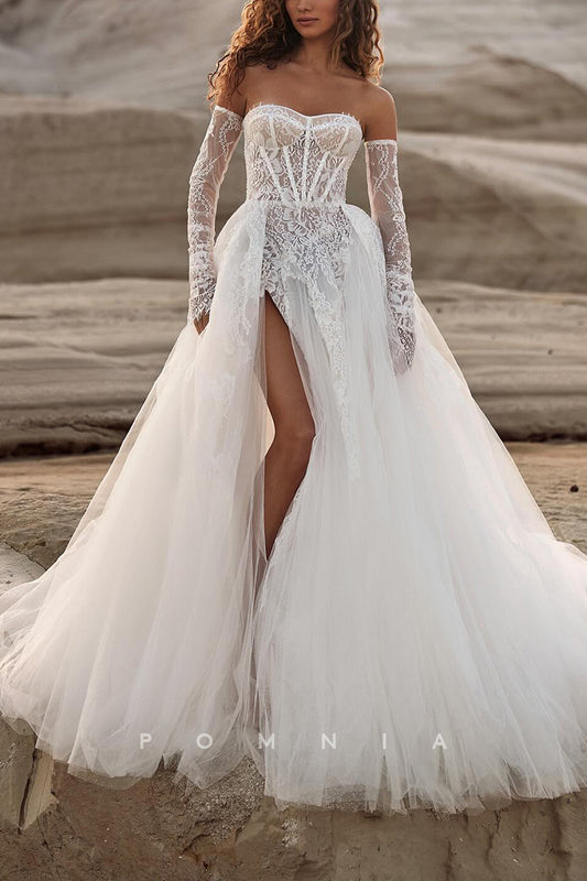P3167 - A-Line Strapless Empire-Waist Appliques Tulle Long Boho Wedding Dress with Slit
