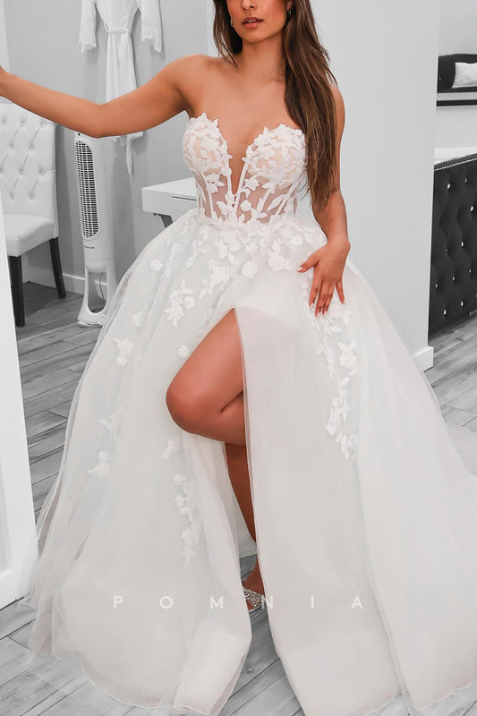 P3169 - A-Line Strapless Empire-Waist Lace Appliques Sleeveless Beach Wedding Dress with Slit
