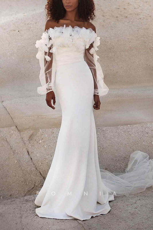 P3170 - Off-Shoulder Long Sleeves Appliques Mermaid Long Beach Wedding Dress