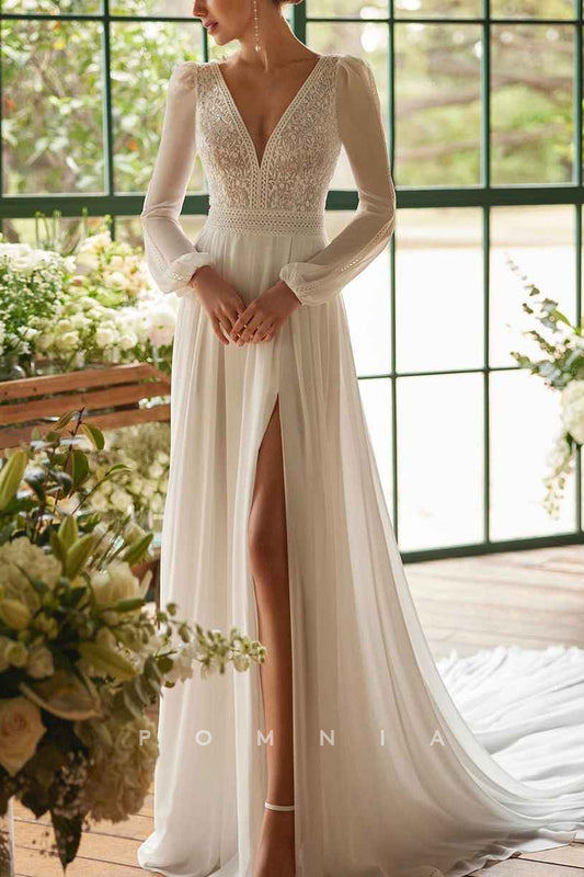 P3172 - Elegant Long Sleeves V-Neck Pleated Long Bohemian Wedding Dress with Slit
