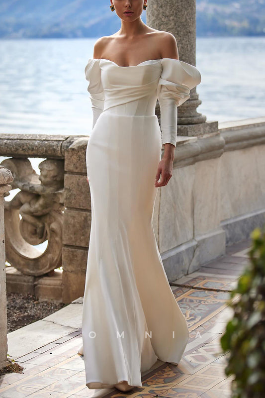 P3175 - Off-Shoulder Mermaid/Trumpet Long Sleeves Satin Long Beach Wedding Dress