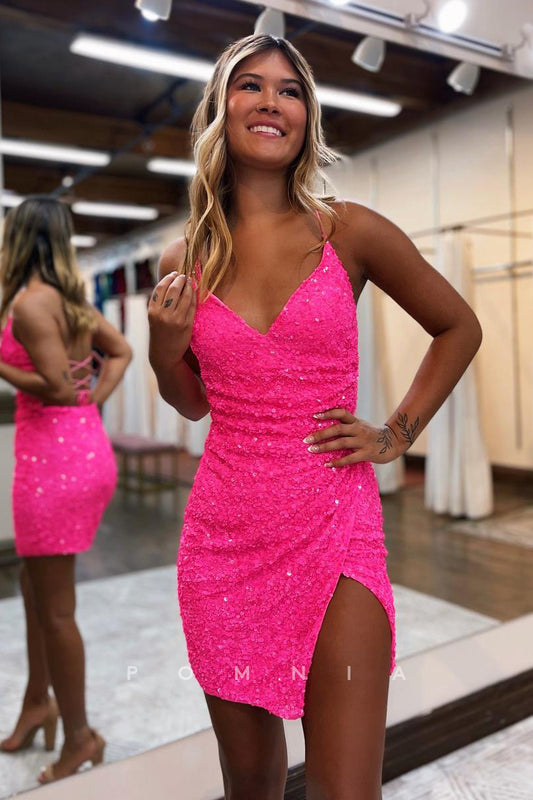 P5033  - Sequined Spaghetti Straps V-Neck Short Homecoming Party Dress with Slit